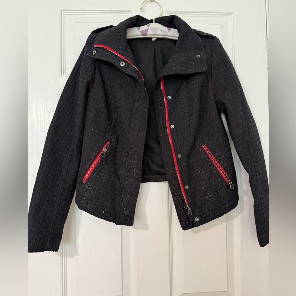 Free People Black and Red Bomber Jacket with High-Neck Collar